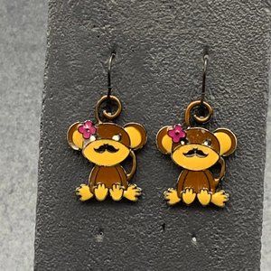 Mustache Flower Monkey Earrings As Is Brown Tan Pink Black Enamel Dangle Pierced